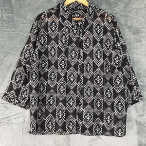 Womens Top 1X Black Western Tribal Aztec Southwestern Sheer Whimsygoth Button Up
